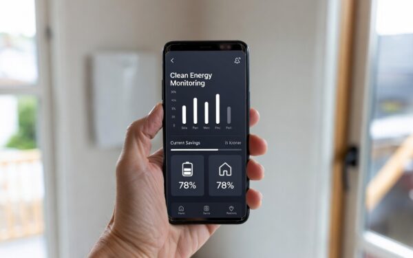 Smarttelefon som viser app for solcelle og batteristyring med produksjon, batterinivå og besparelser